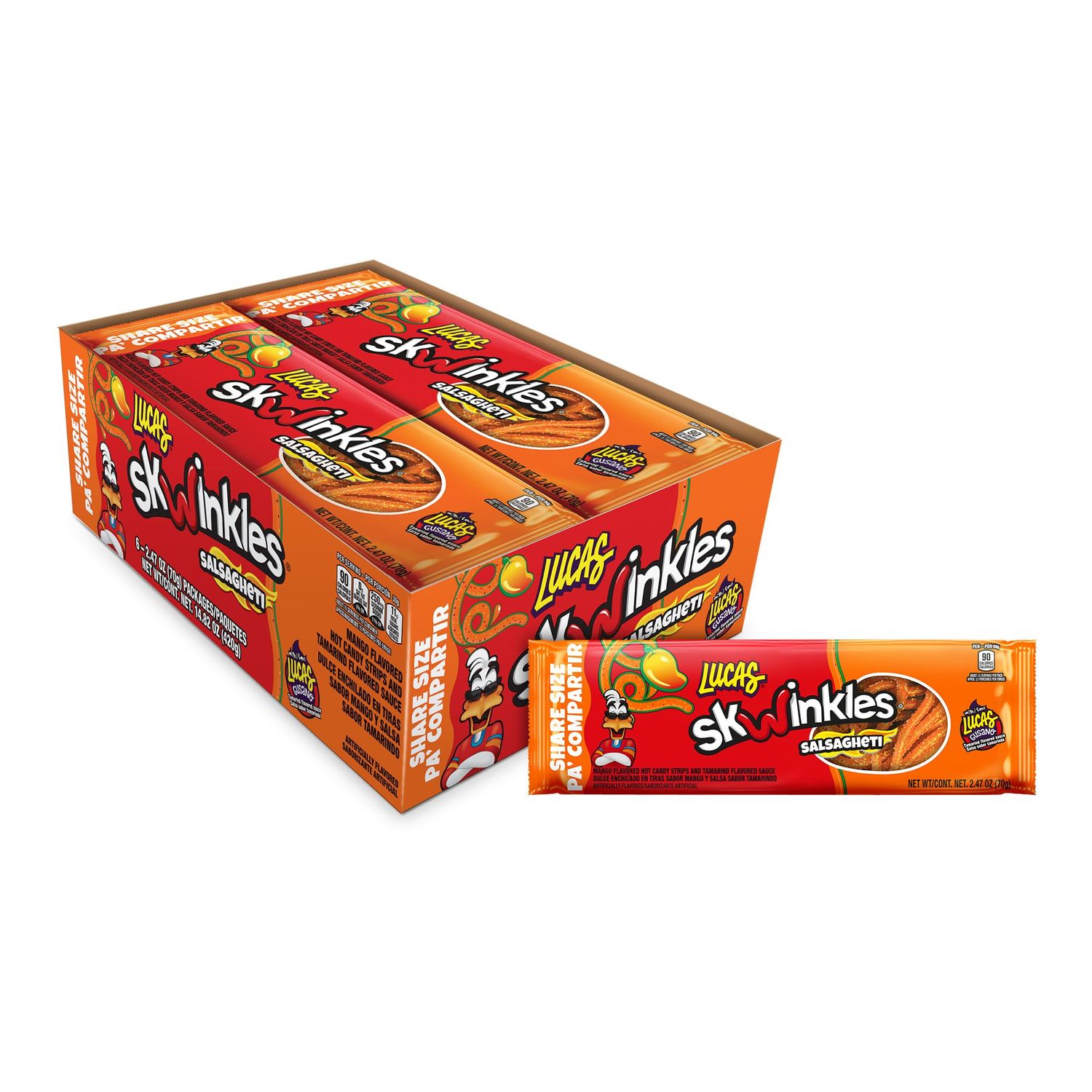 Lucas Salsagheti Mango Flavored Hot Candy Strips and Tamarind Flavored Sauce, King Size 2.4 oz - 6 Pieces Pack for Treats, Snack, Parties, Piatas