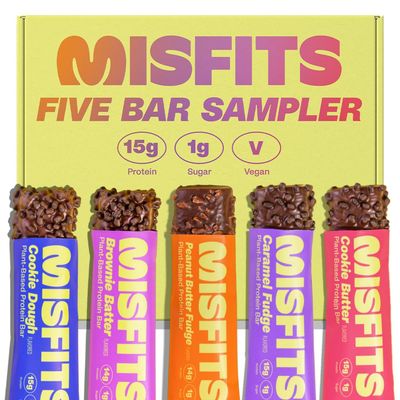 Misfits Vegan Protein Bars - Updated Recipe | Plant Based, Low Sugar &amp; Carb, High Fiber Snacks | Variety Sample Pack to Trial the Flavors | Pack of 5 (1 of Each Flavor)