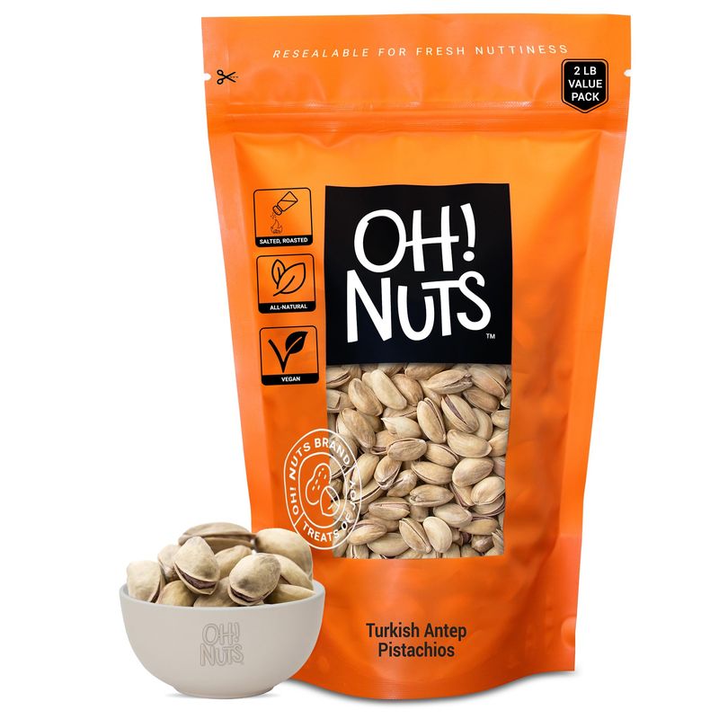 Oh Nuts 2 LB Specialty Pistachios Finely Salted | Imported Turkish Antep Pistachios Roasted and Lightly Salted (Package May Vary)