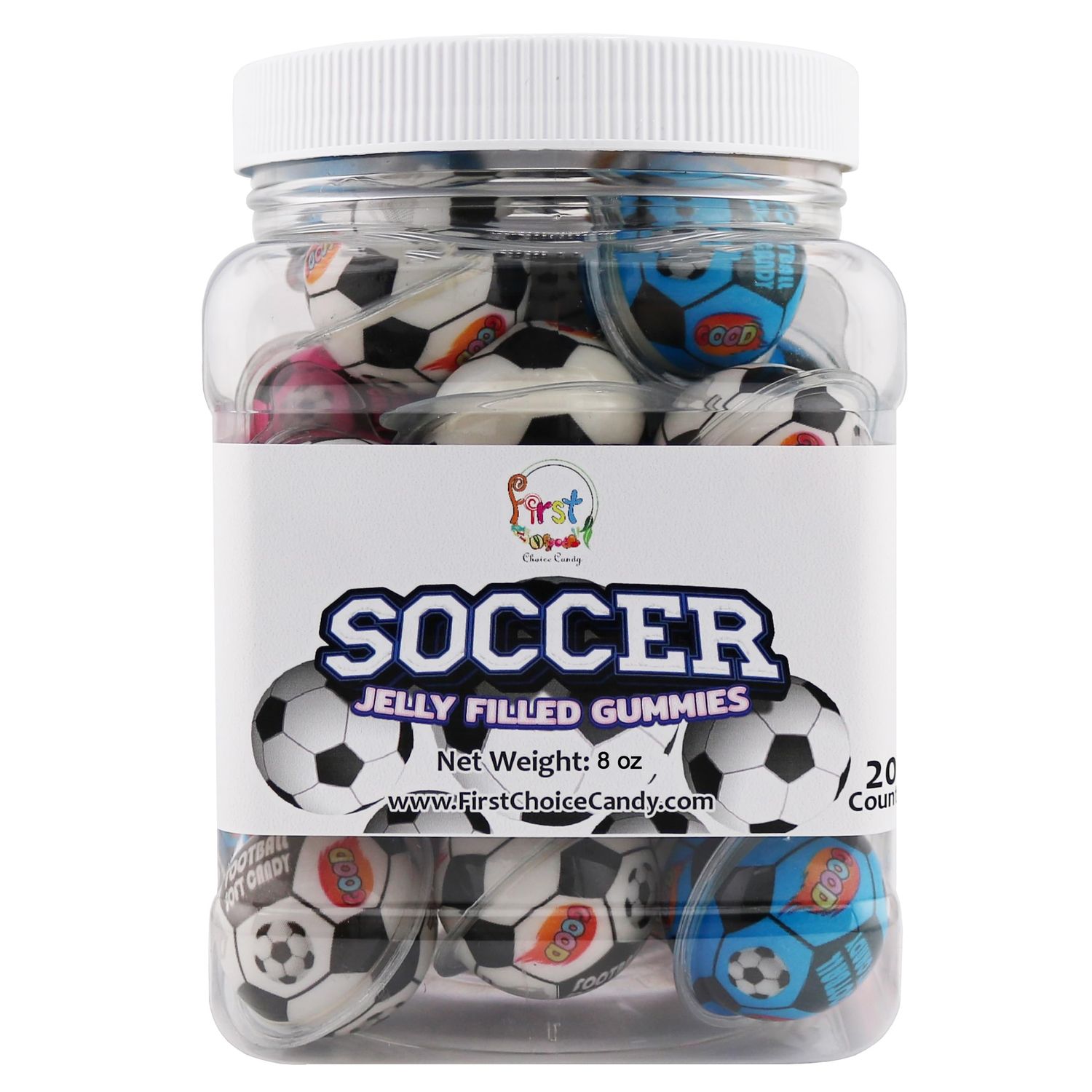 FirstChoiceCandy Jelly Filled Gummies - Assorted Flavor Gummy Filled Candies - Filled With Fruit Jams - 20 Pieces In Resealable Jar (Soccer Ball)