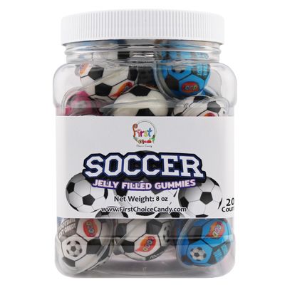 FirstChoiceCandy Jelly Filled Gummies - Assorted Flavor Gummy Filled Candies - Filled With Fruit Jams - 20 Pieces In Resealable Jar (Soccer Ball)
