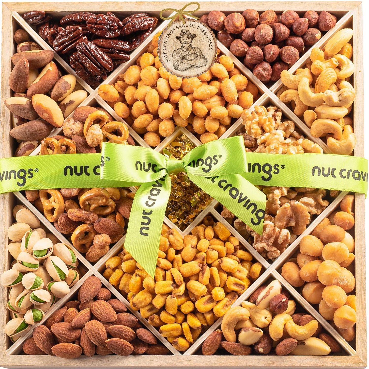NUT CRAVINGS Gourmet Collection - Valentines Mixed Nuts Gift Basket in Reusable Diamond Wooden Tray  Green Ribbon (12 Assortments) Arrangement Platter, Healthy Kosher Corporate