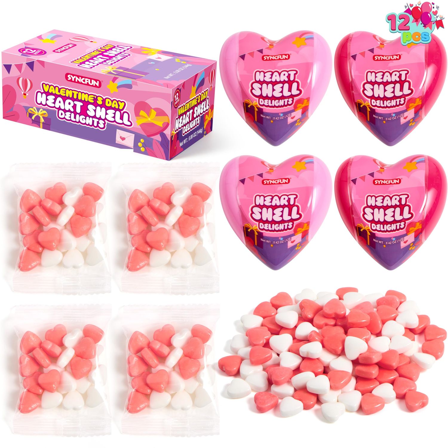 SYNCFUN 12PCS Valentine Heart Candy, Individually Wrapped Heart Shell Hard Candy, Valentine&#39;s Day Snacks Tiny Candy for Valentine, Party Favor, Holiday Reward Prizes