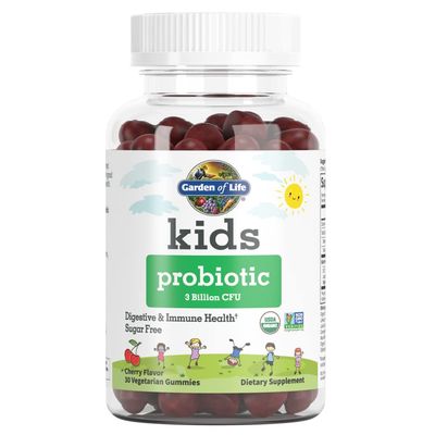 Garden of Life Probiotics for Kids, Cherry Flavor Gummies - Sugar Free Once Daily Kids Probiotic Gummies, 3 Billion CFU Probiotics Plus Fiber for Digestive &amp; Immune Health, 30 Vegetarian Gummies