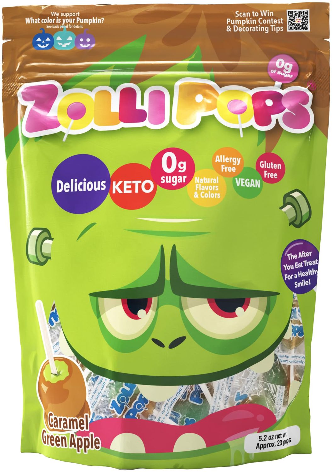 Zollipops Caramel &amp; Green Apple, 10.4oz, Sugar-free, Allergy-free, Vegan, KETO &amp; Diabetic Friendly, Clean Teeth Candy
