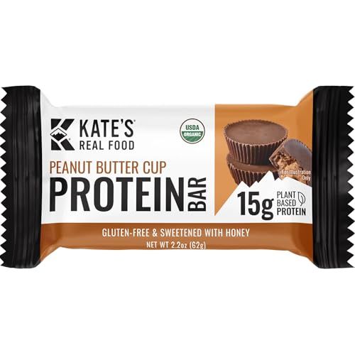 Kates Real Food Organic Protein Bars - (Peanut Butter Cup, 2.2 oz, Pack of 12) - Plant Based Protein Bars - Gluten Free, Soy Free, Non GMO, Whole Grains, and All Natural