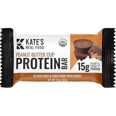 Kates Real Food Organic Protein Bars - (Peanut Butter Cup, 2.2 oz, Pack of 12) - Plant Based Protein Bars - Gluten Free, Soy Free, Non GMO, Whole Grains, and All Natural