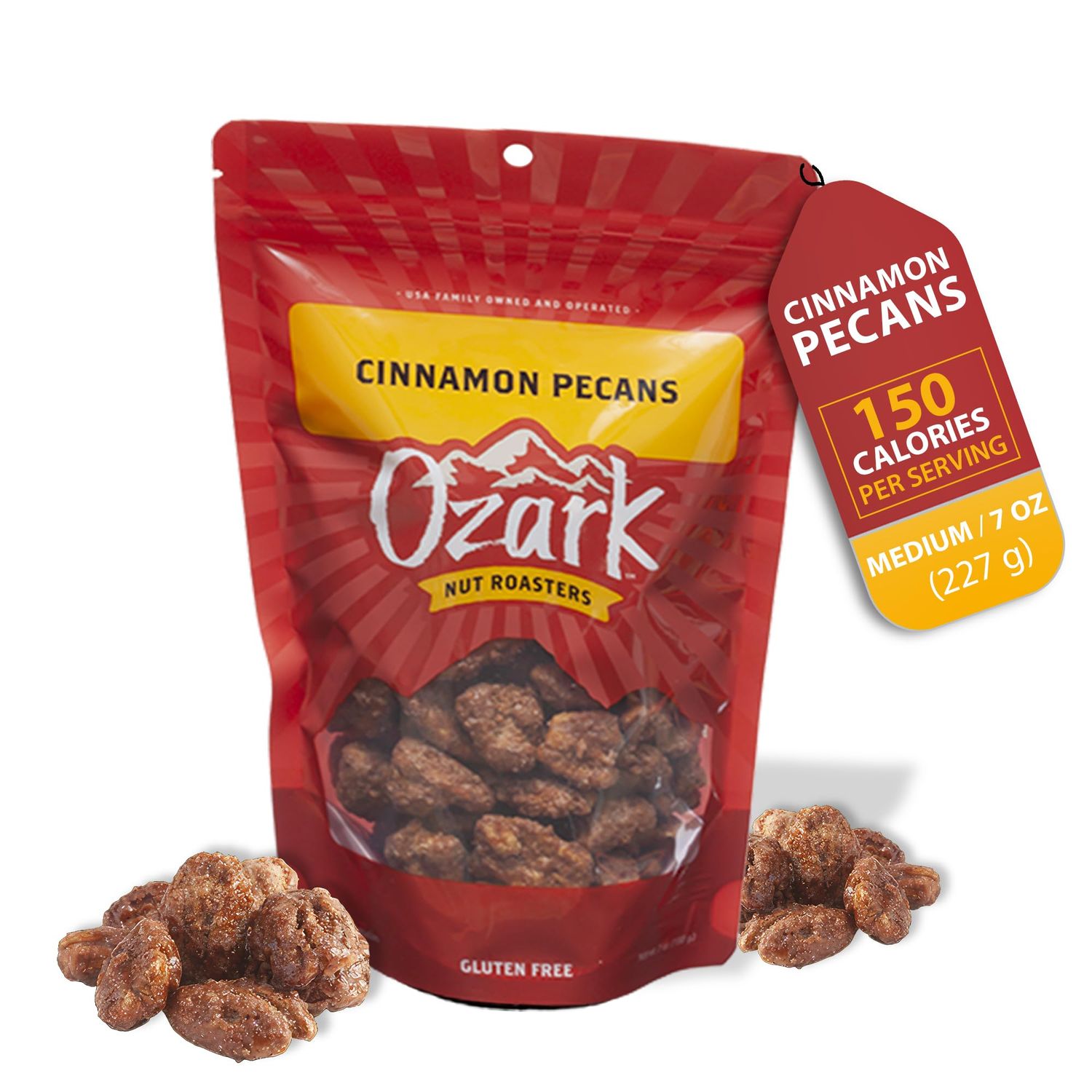 OZARK NUT ROASTERS: Cinnamon-coated Pecans, Flavored Snack Nuts with Cinnamon Spice, World-Class Gourmet Candied Peanuts in Resealable Pack (7.0 oz)