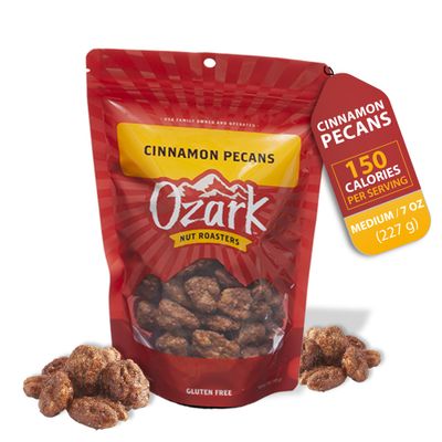 OZARK NUT ROASTERS: Cinnamon-coated Pecans, Flavored Snack Nuts with Cinnamon Spice, World-Class Gourmet Candied Peanuts in Resealable Pack (7.0 oz)