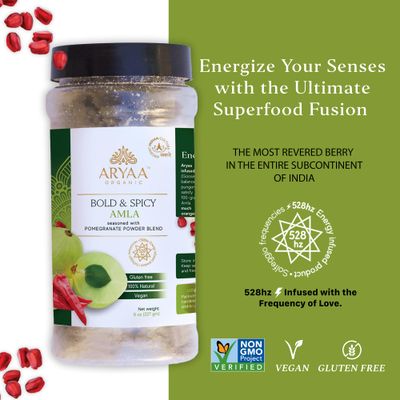 Aryaa Organic Bold and Spicy Amla Snack | 250g - Re-Energizing SuperSnack | Energy Infused, Vitamin C Rich, Vegan, Non-GMO | Sourced from India