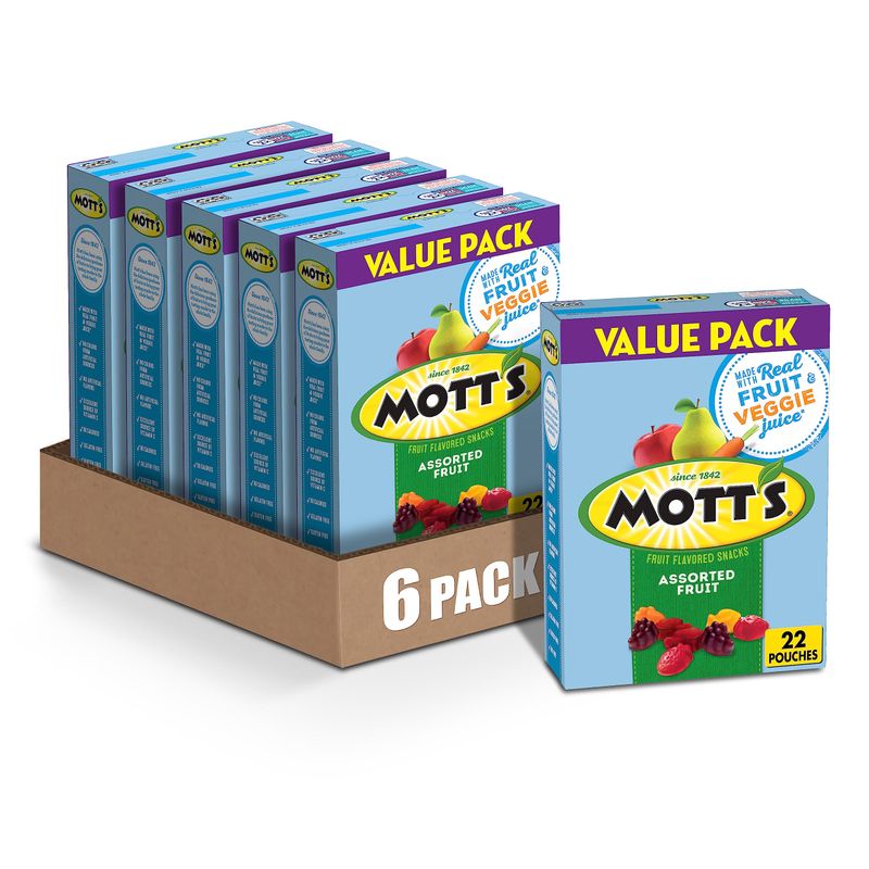Mott's Fruit Flavored Snacks, Assorted Fruit, Gluten Free Snack, Value Pack, 22 Pouches, 17.6 oz (Pack of 6)