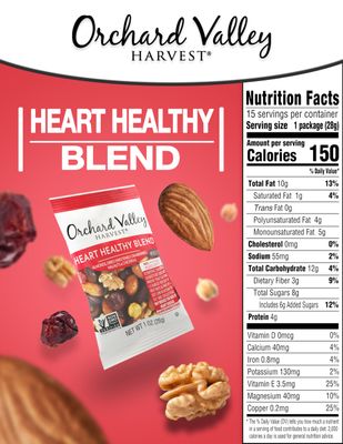 Orchard Valley Harvest Heart Healthy Blend, 1 Ounce Bags (Pack of 15), Almonds, Cranberries, Walnuts, and Chickpeas, Gluten Free, Non-GMO, No Artificial Ingredients