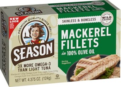 Season Mackerel in Olive Oil - Skinless &amp; Boneless, Wild Caught, Keto Snacks, Canned Mackerel Fillets, Full of Vitamins, Low in Mercury, Kosher, Non-GMO, 20g of Protein - 4.37 Oz, 12-Pack