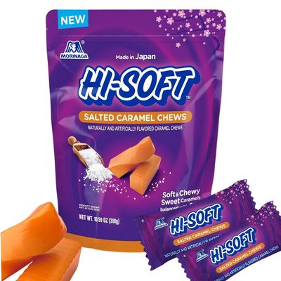 HI-SOFT Salted Caramel Chews, 5 Stand Up Pouches - Soft, Chewy, Taffy Salted Caramel Candy for Sharing Treats - Individually Wrapped (10.59 oz, Pack of 5)