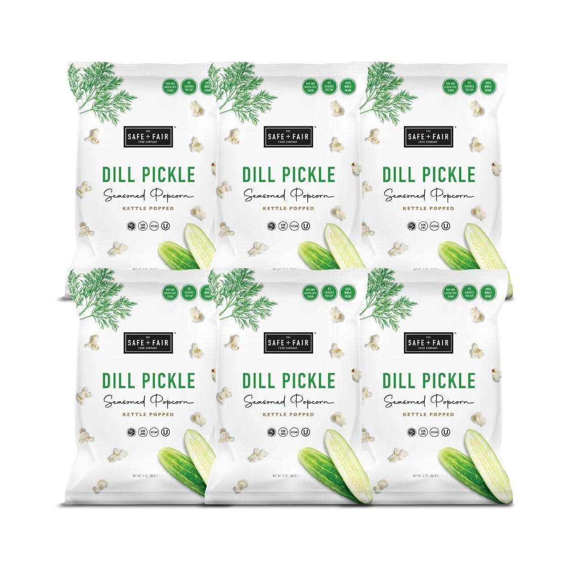 Safe  Fair Plant Based Gourmet Dill Pickle Seasoned Popcorn - Dill Pickle Seasoned Popcorn Non-GMO  Gluten Free  Vegan  Kosher Snacks (3 oz bag - 6 pack case)