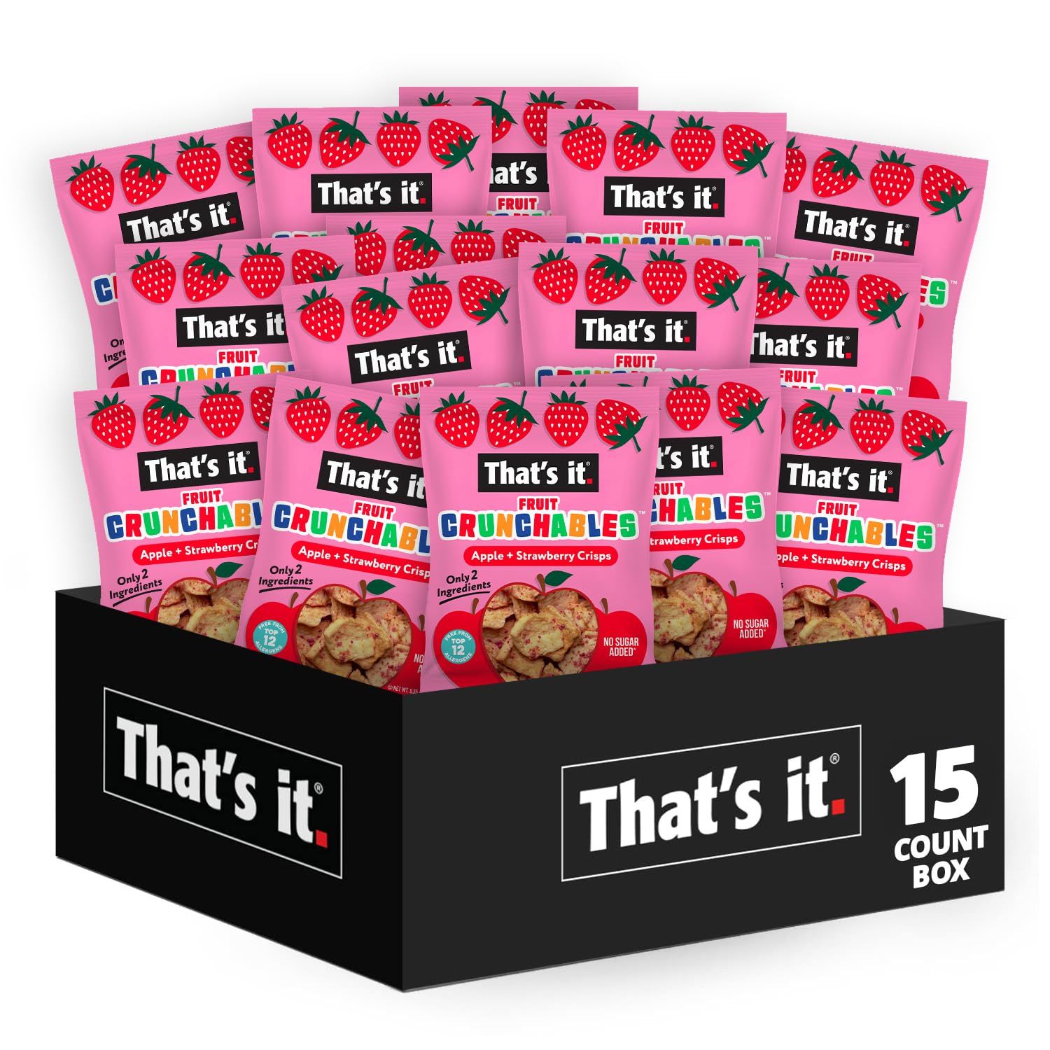 Thats it. Fruit Crunchables Apple  Strawberry Crisps, 15-Pack - 100% Real Fruit Snacks for Kids, Plant-Based, Non-GMO, Gluten-Free, No Sugar Added, Allergen-Free, Healthy Lunchbox Snack