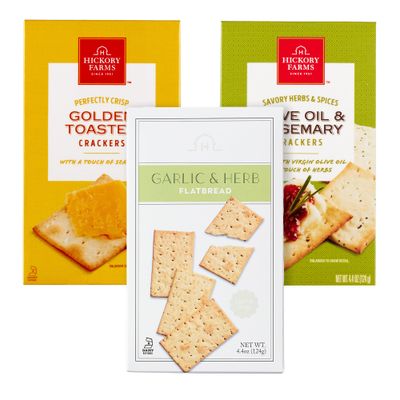 Hickory Farms Gourmet Cracker Variety 3 Pack | Charcuterie Board Crackers | Artisan Crackers | Golden Toasted Crackers, Olive Oil and Rosemary Crackers, Garlic and Herb Crackers