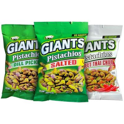 GIANTS Pistachios Go Naked Variety Pack - Pistachios No Shell, Healthy Snacks, Un-Shelled Pistachio Nuts, Individual Packs, Pistachio Mix w Original, Dill Pickle, Sweet Thai Chili - 3 oz Bags (3 Pack)