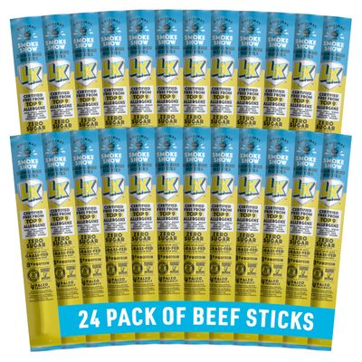 Lorissa&#39;s Kitchen Premium Grass-Fed &amp; Finished Beef Jerky Snack Sticks 24-Pack: Original Smoked Flavor, 8g Protein, Certified Free from Top 9 Allergens, Gluten-Free, Non-GMO, Zero Sugar, Keto, Paleo
