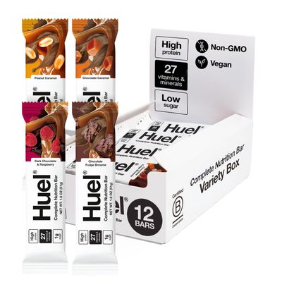 Huel Complete Nutrition Vegan Protein Bars | Variety Box | 13g Protein, 27 Vitamins and Minerals, 2g Sugar, Non-GMO, 100% Plant Based Snack | 12 Pack