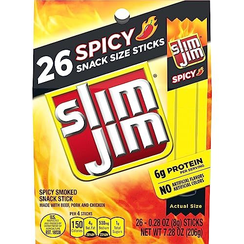 Slim Jim Smoked Meat Sticks, Spicy Flavor, 6g Protein Per Serving, Snack Size, 0.28 oz. (26 Count)