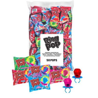 Ring Pop Individually Wrapped Bulk Lollipop Variety Party Pack - 50 Count Suckers w Assorted Fruity Flavors - Fun Bulk Candy for Kids - Hard Candy for Party Favors, Birthdays &amp; Goodie Bags