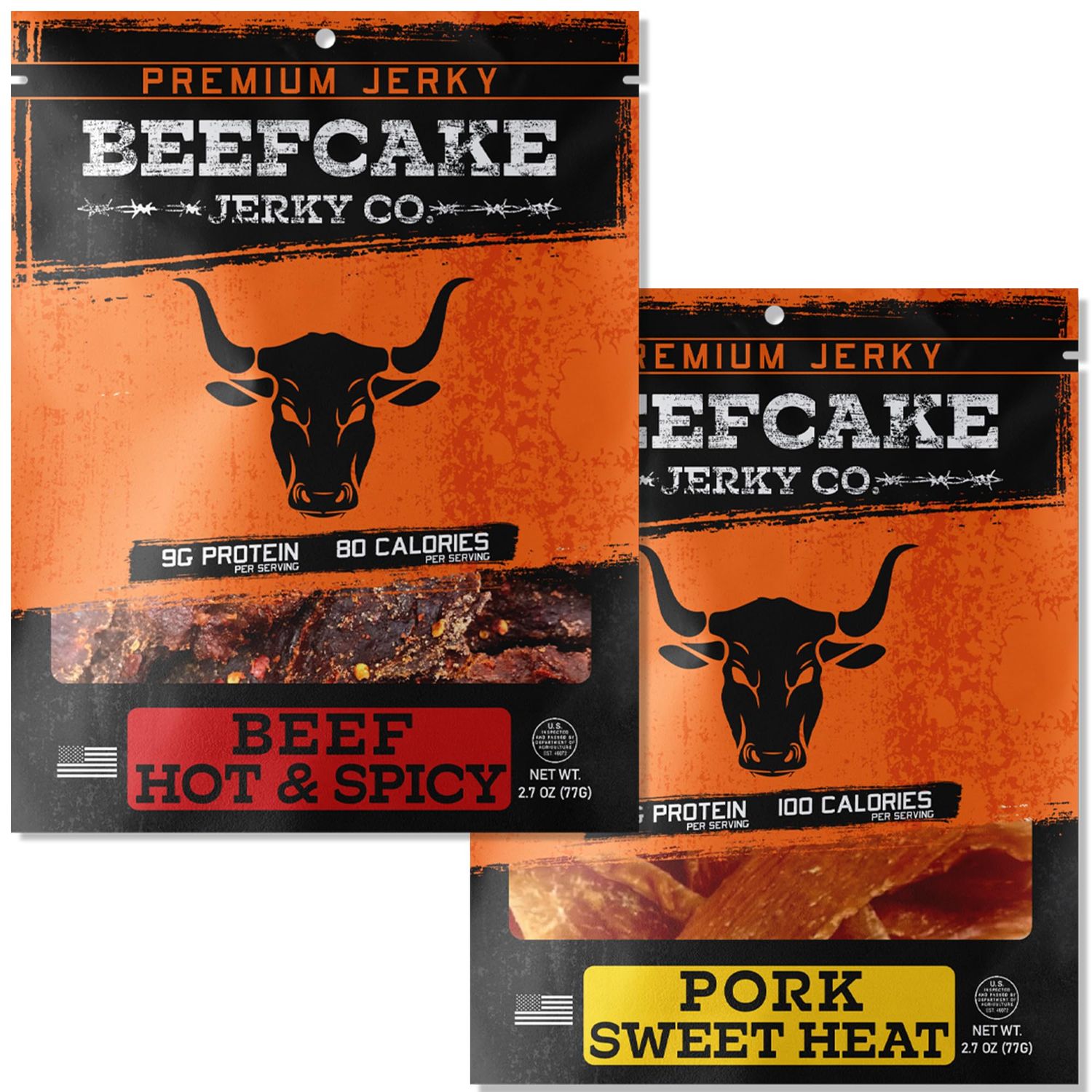 BEEFCAKE Jerky Spicy Duo- Beef Jerky Sweet Heat Pork &amp; Hot Spicy Beef Meat Snacks, 9 Gram of Protein and 100 Calories 2.7 Oz | Pack of 2