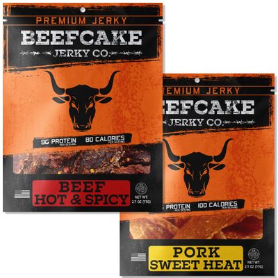 BEEFCAKE Jerky Spicy Duo- Beef Jerky Sweet Heat Pork &amp; Hot Spicy Beef Meat Snacks, 9 Gram of Protein and 100 Calories 2.7 Oz | Pack of 2