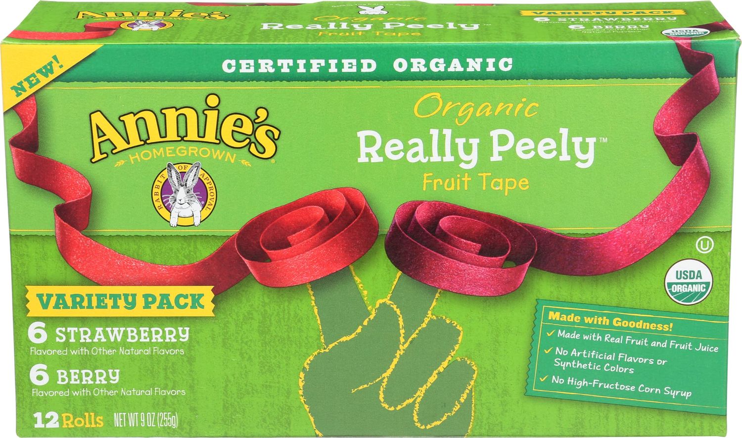 Annie&#39;s Homegrown Organic Really Peely Fruit Tape Snack, Strawberry &amp; Berry Flavor, Gluten Free &amp; Non-GMO, Variety Pack, 12 Rolls, 9 Ounce (Pack of 6)