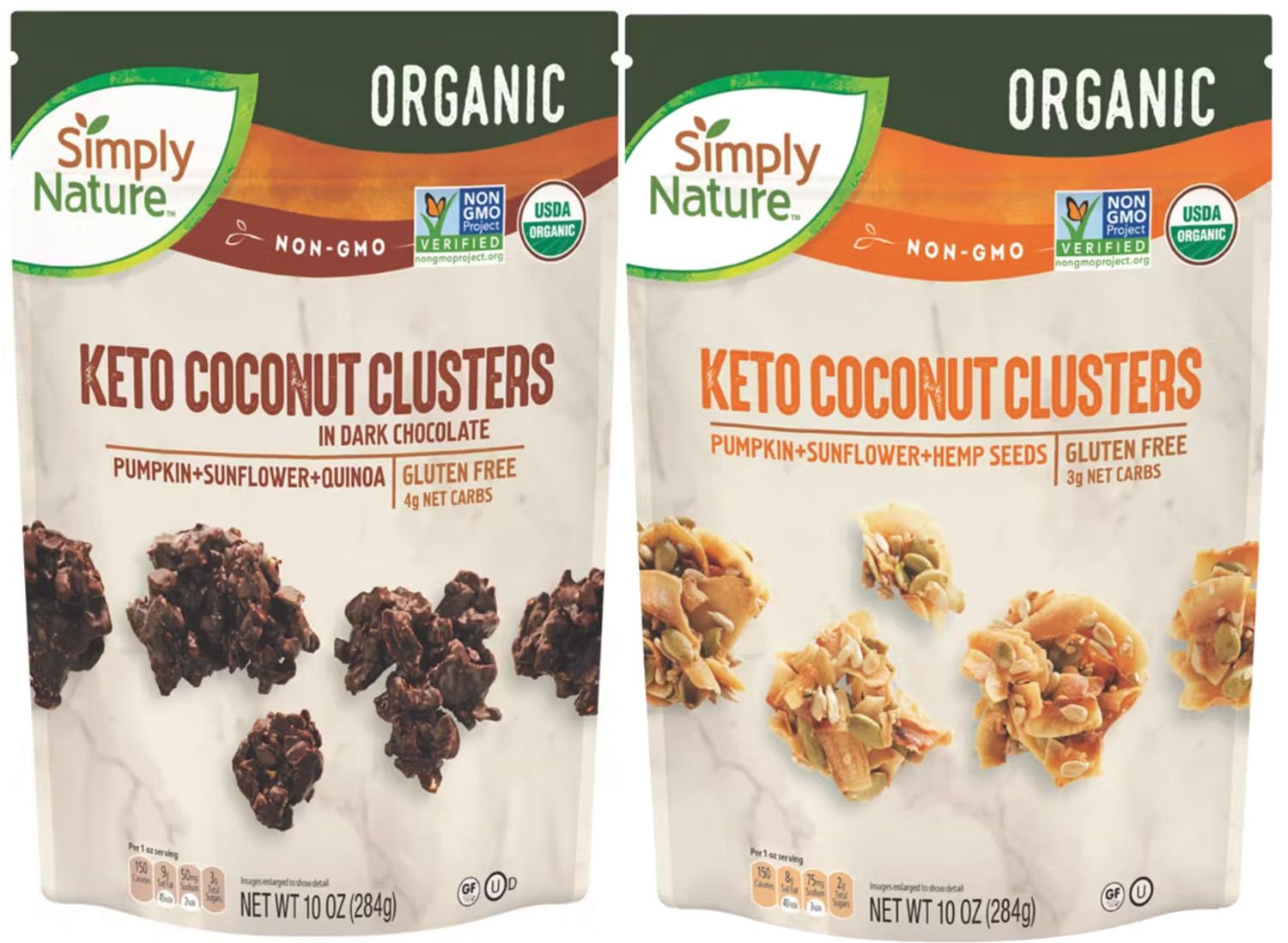 Plain and Dark Chocolate Simply Nature Coconut Clusters - Pumpkin, Sunflower, Quinoa - Gluten Free - 4 Net Carbs, Keto Friendly NO Sugar Added Snack Food - 2 Bag, 10 oz Each