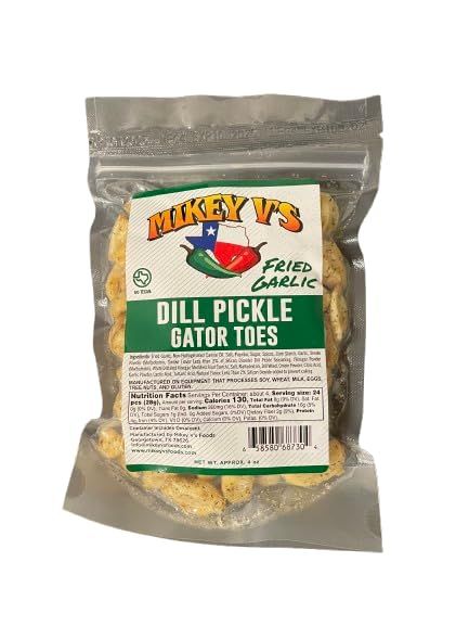 Mikey V&#39;s Dill Pickle Gator Toes, Deep Fried Garlic Snacks, 4oz.