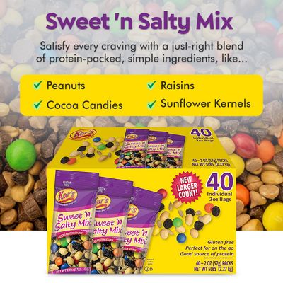 Kars Sweet and Salty Trail Mix - 40-Pack Trail Mix Individual Packs 2oz - Gluten-Free Trail Mix Bulk - Rich Source of Protein - Sweet and Salty Snacks with Mixed Nuts and Chocolate Candies