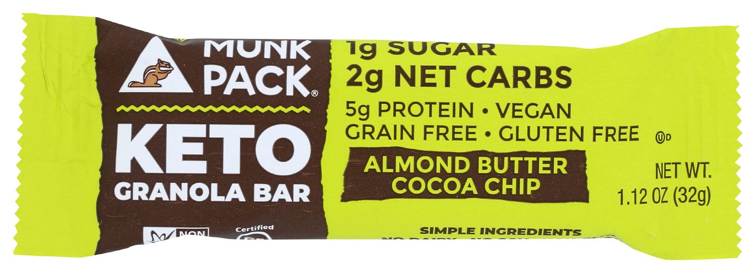 Munk Pack Keto Granola Almond Butter Cocoa Chip Bar, Gain Free and Plant Based, 1G Sugar, 2G Net Carbs, 5G Protein, 4 Count, 4.51 Oz (Pack of 6)