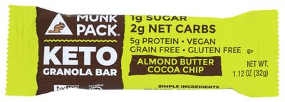 Munk Pack Keto Granola Almond Butter Cocoa Chip Bar, Gain Free and Plant Based, 1G Sugar, 2G Net Carbs, 5G Protein, 4 Count, 4.51 Oz (Pack of 6)