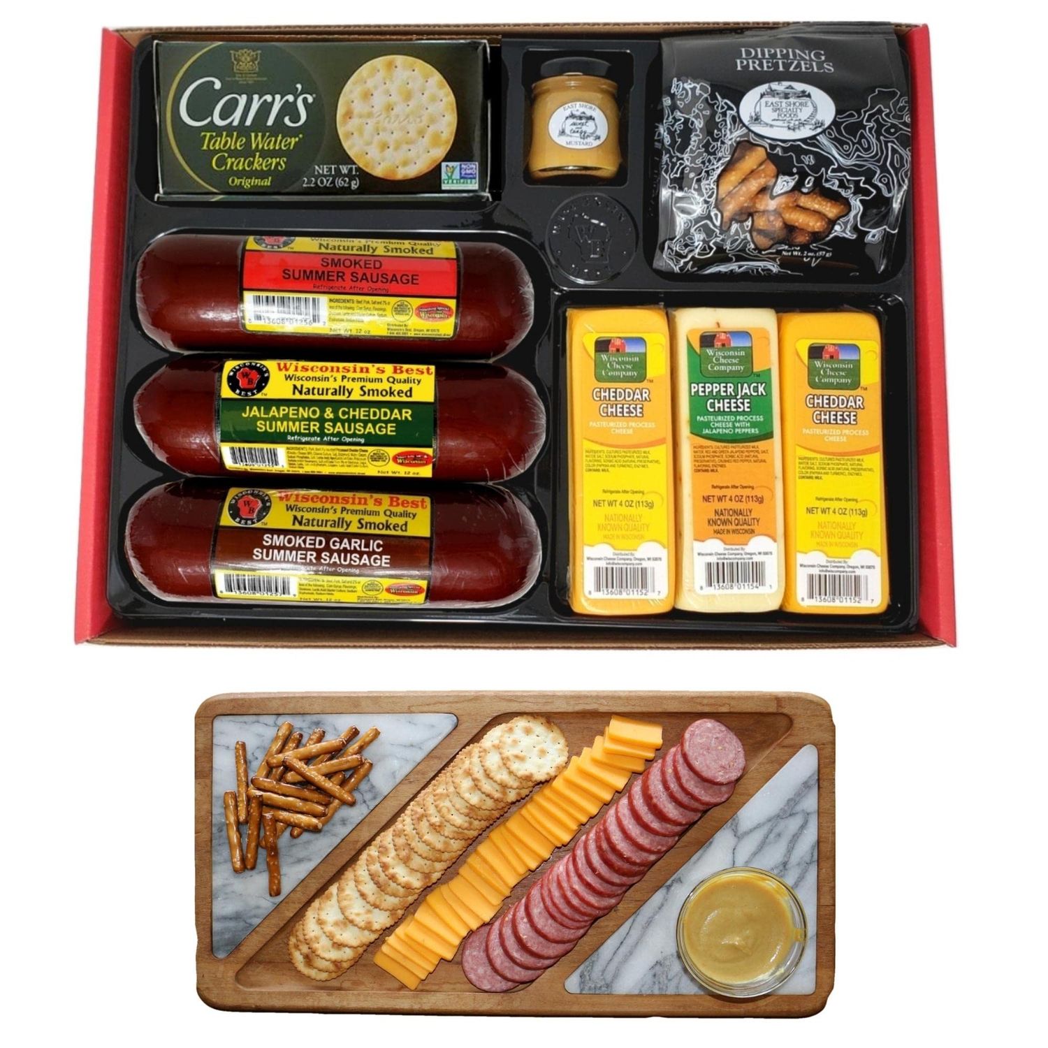 Party Gift Box - Smoked Summer Sausages, 100% Wisconsin Cheese,s Crackers, Pretzels &amp; Mustard | Perfect for Parties, Charcuterie Boards and Birthday Gifts