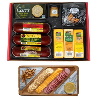Party Gift Box - Smoked Summer Sausages, 100% Wisconsin Cheese,s Crackers, Pretzels &amp; Mustard | Perfect for Parties, Charcuterie Boards and Birthday Gifts