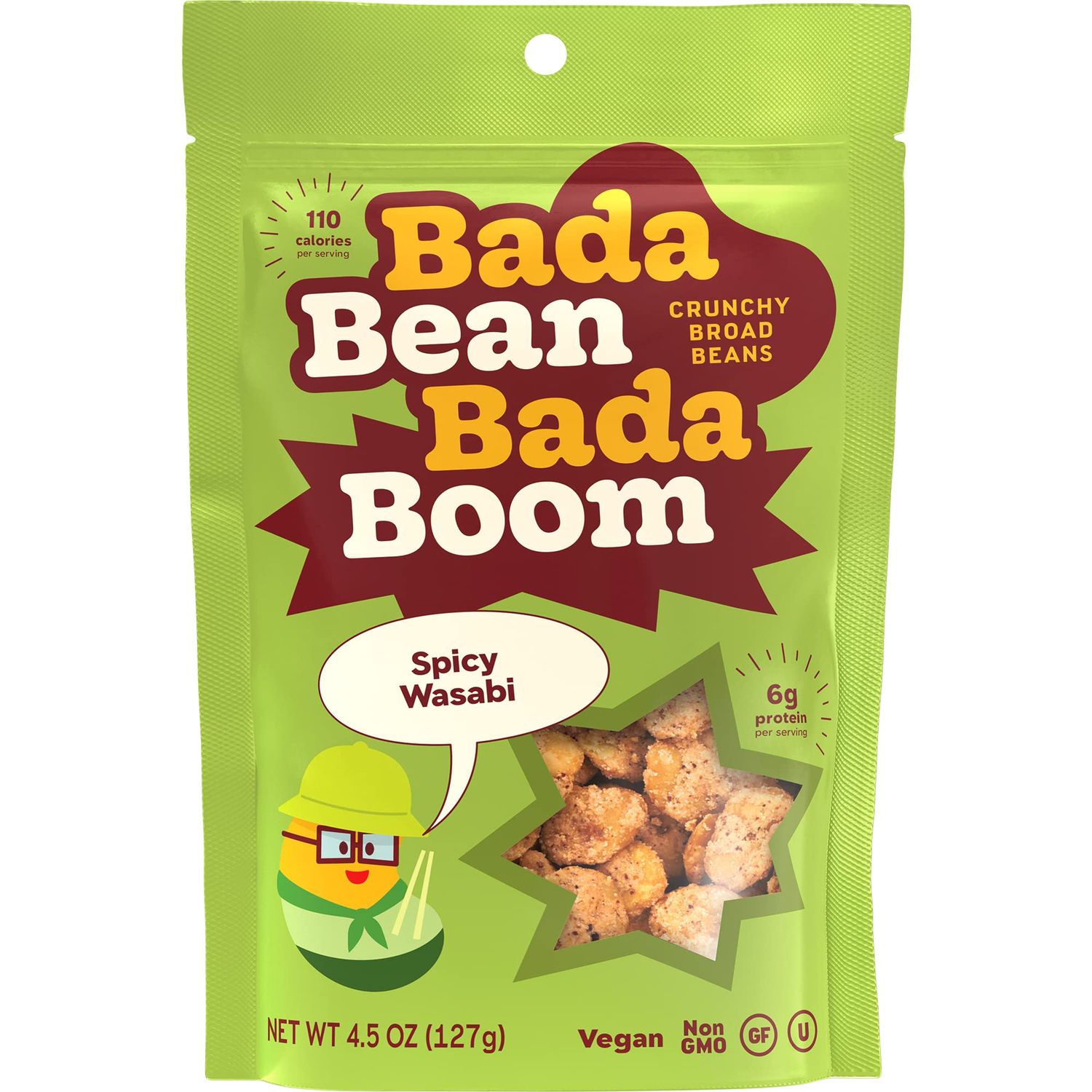 Bada Bean Bada Boom Plant-based Protein, Gluten Free, Vegan, Soy Free, Kosher, Roasted Broad Fava Bean Snacks, Wasabi, 4.5 Ounce (6 Count)