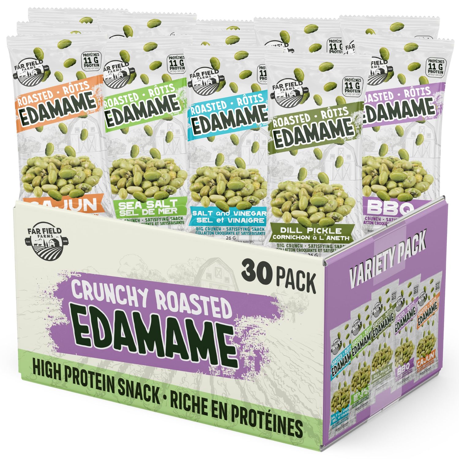 Far Field Crunchy Edamame Beans, 30 Single Serve Snacks, 11 g Protein per Bag, Variety Pack, Roasted Salty Snacks, Low Calorie, Healthy Snack for Kids &amp; Adults, Office Snacks, 30 bags x 26 g