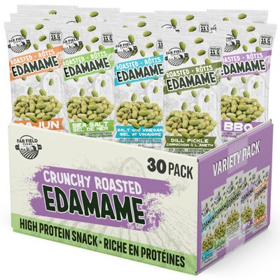 Far Field Crunchy Edamame Beans, 30 Single Serve Snacks, 11 g Protein per Bag, Variety Pack, Roasted Salty Snacks, Low Calorie, Healthy Snack for Kids &amp; Adults, Office Snacks, 30 bags x 26 g