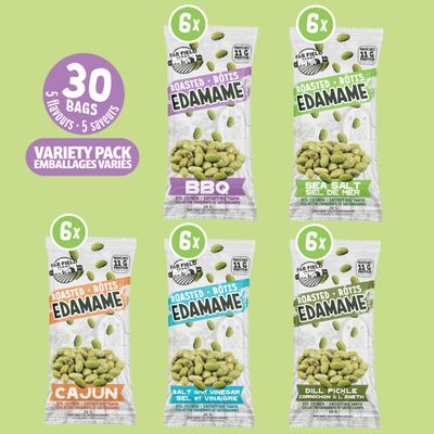 Far Field Crunchy Edamame Beans, 30 Single Serve Snacks, 11 g Protein per Bag, Variety Pack, Roasted Salty Snacks, Low Calorie, Healthy Snack for Kids &amp; Adults, Office Snacks, 30 bags x 26 g