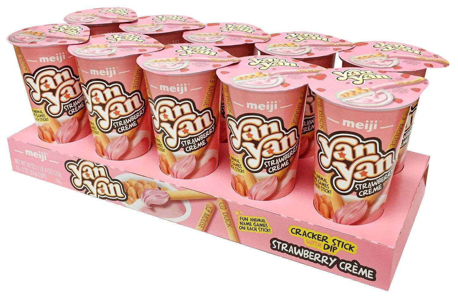 Meiji Yan Yan Dipping Sticks, Strawberry CrÃƒÂ¨me - 2 oz, Pack of 10 - Cracker Sticks with Fun Animals Phrases