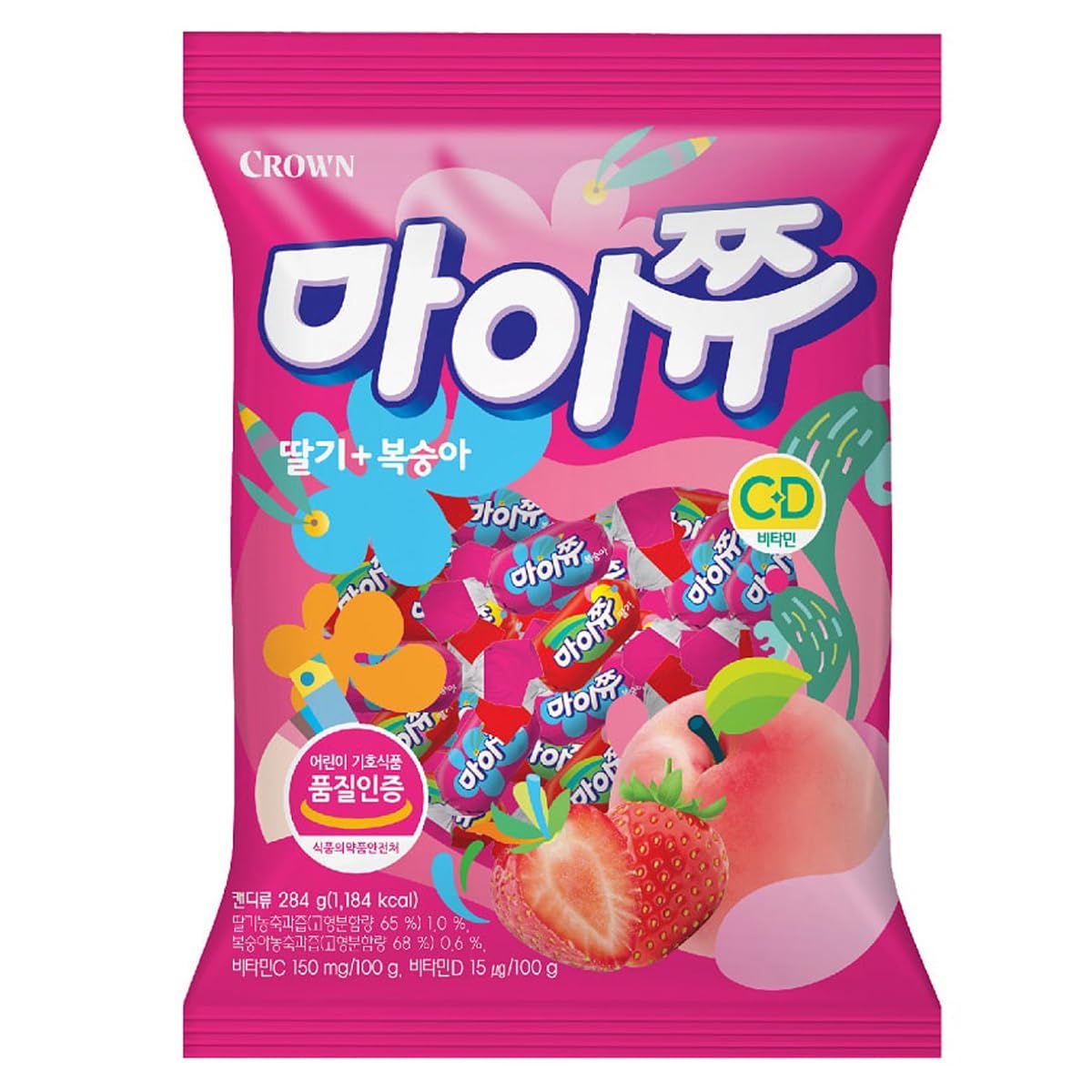 LENITH K-Food Crown Chewy Fruit Snack Gummy Variety Pack Fruit Gummy Candy 284g - Strawberry and Peach (Pack of 1)