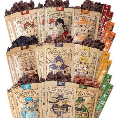 Righteous Felon Beef Jerky and Meat Sticks Variety Pack, High Protein, Low Carb, Low Sugar, Gluten Free, Healthy Snacks for Adults and Kids, Made with Premium Meats, Gifts for Men (Noah&#39;s Ark 26 Pack)