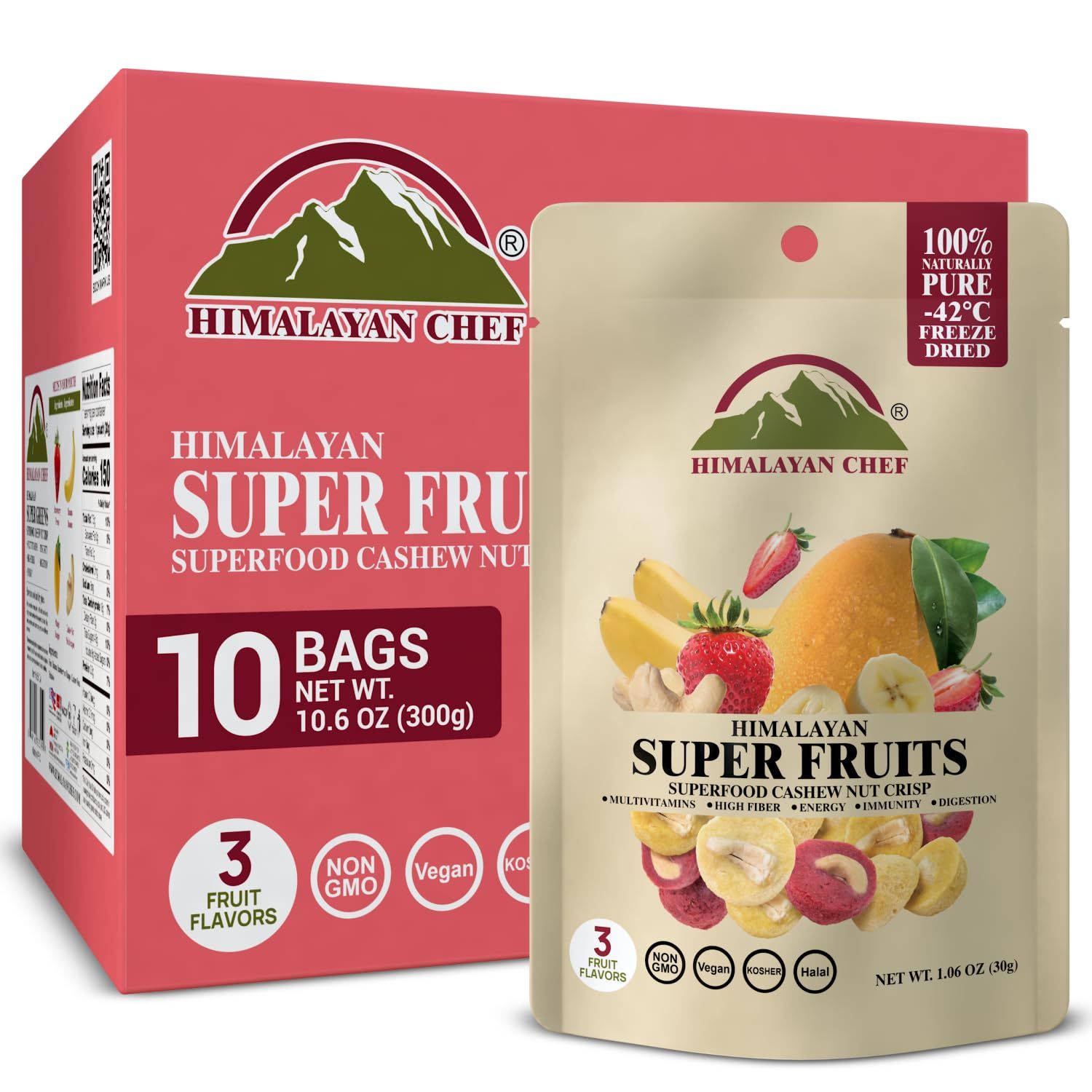 Himalayan Chef Super Reds Freeze-Dried Fruit Cashew Nut Crisps, 30geach - 10 Pack | Mix Superfood Fruits | Healthy Snacks Packed with Multivitamins, High Fiber &amp; Antioxidants for Energy Boost