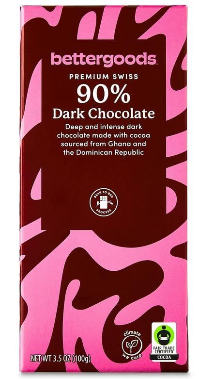 90% Swiss Dark Chocolate BetterGoods Bar, 3.5oz, Gluten Free Low Carb Snack Keto Friendly Desert Food Sweets by