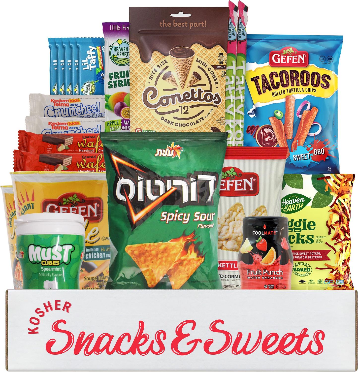 The Ultimate Kosher Snack Box (19 Count), Kosher Care Package, Sweet &amp; Savory Variety, Kid Favorite Gift Box - Gefen Noodle Soups - Must Gum - Fruit Punch - Candy &amp; Snacks