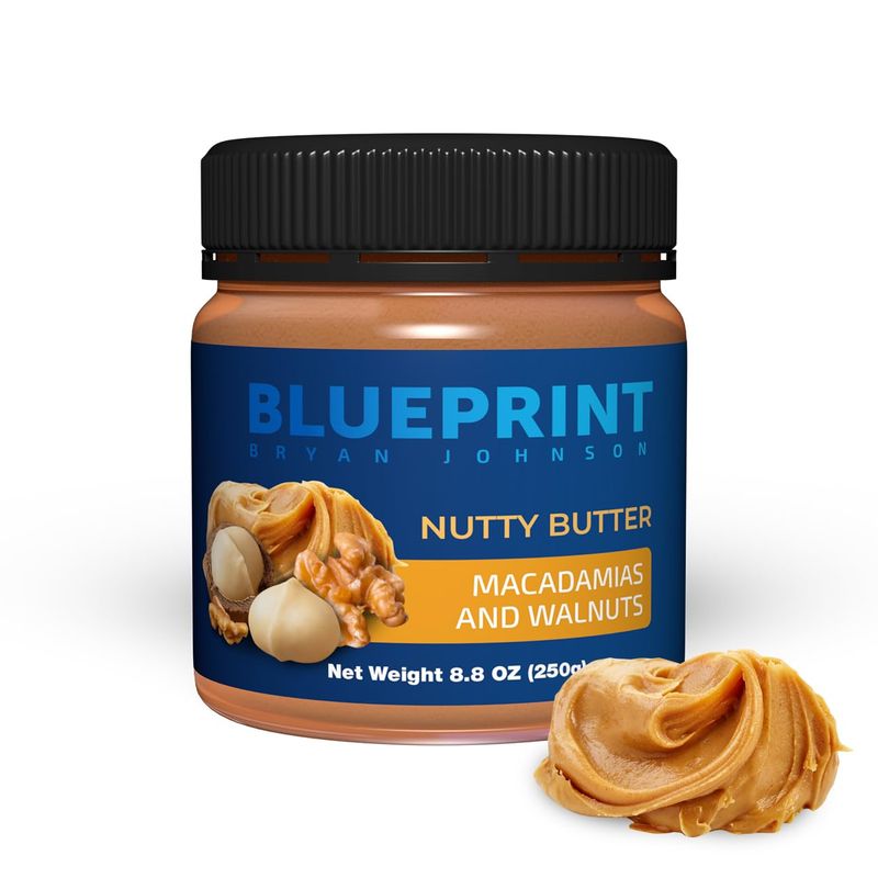 Blueprint Bryan Johnson Nutty Butter - Macadamia Nuts and Walnuts - Just 3 Ingredients - No Palm Oil - Keto and Low Carb Snack - No Added Sugar, Vegan, Non GMO, Keto and Paleo Friendly (8.8 ounces)