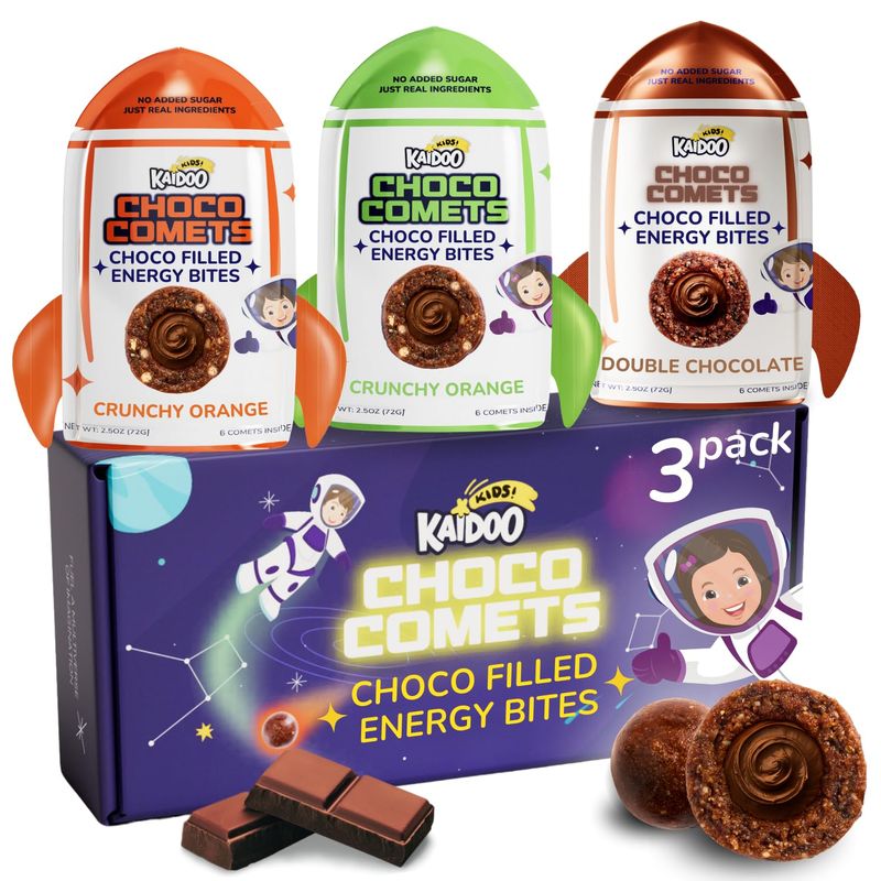 Kaidoo Kids Choco Comets - Variety 3 Pack | Double Chocolate, Orange, Mint | Chocolate Filled Snack Bites | Natural High Protein High Fiber Dye Free | No Added Sugar | 7 Activities