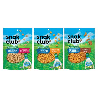 Snak Club Hidden Valley Ranch Variety Pack, Assorted Snacks, Crunch Mix, Toasted Corn, Peanuts, Kosher, Family Size Resealable Bags, 3 Pack