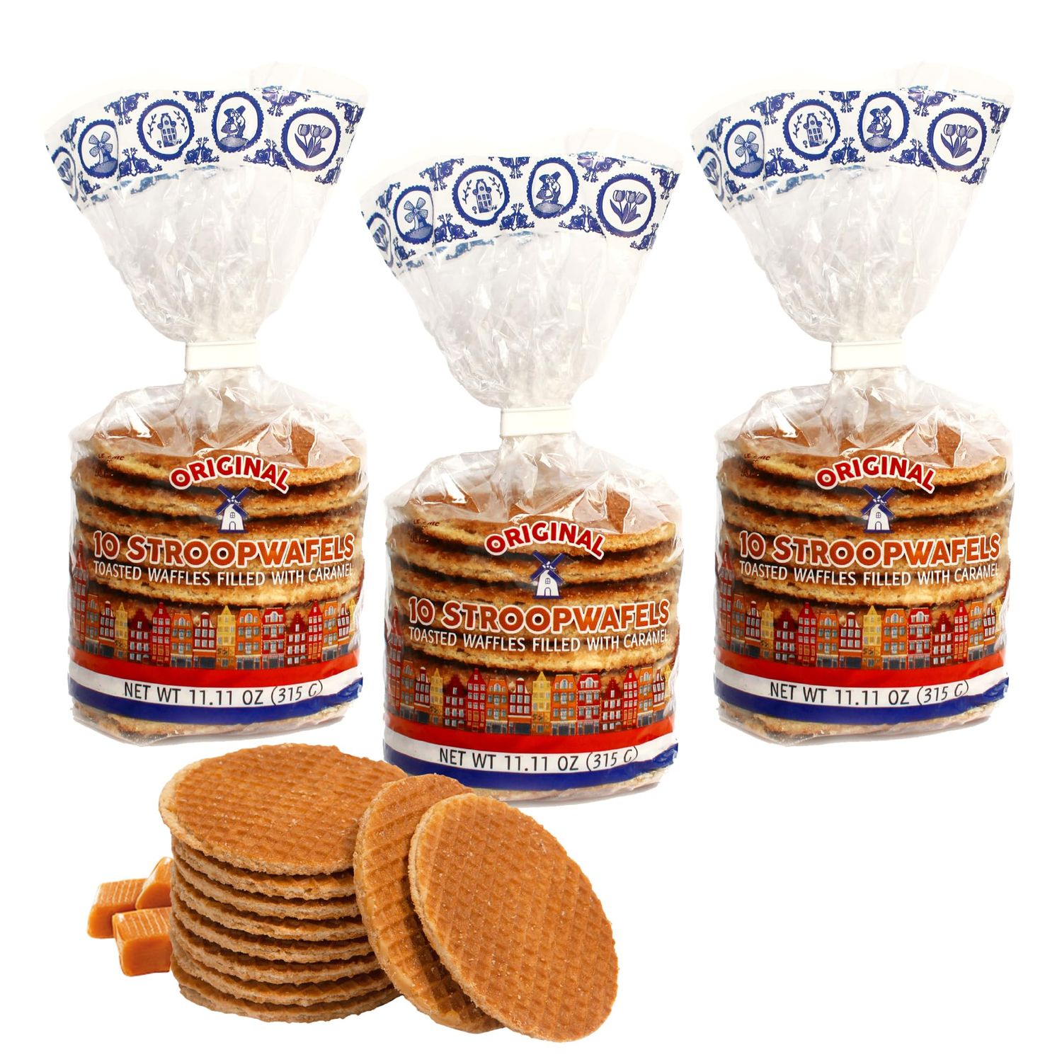 Le Chic Patissier 30 Caramel &amp; Vanilla Stroopwafels Soft Toasted Pack of 3 (11.11oz each) Original Dutch Caramel Waffle Recipe non-GMO perfect snack biscuit